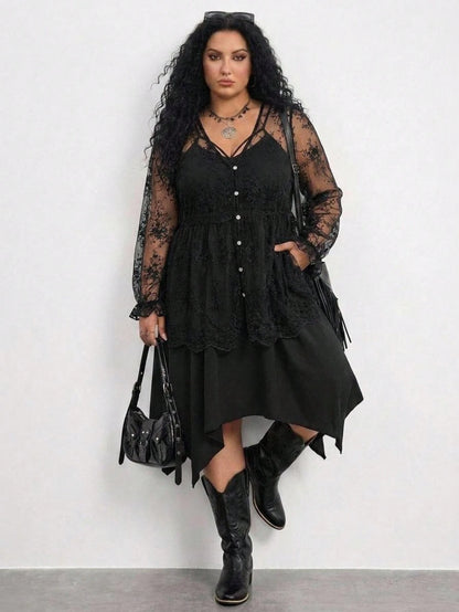 CURVE+ Plus Size Women's Sexy Vacation Sheer Embroidered Mesh Lantern Sleeve Loose Cover Up Mother's Day Lace Shirt Women's Sheer Top Women's Lace Cover Up Women's Shirt Casual Elegant Black Lac