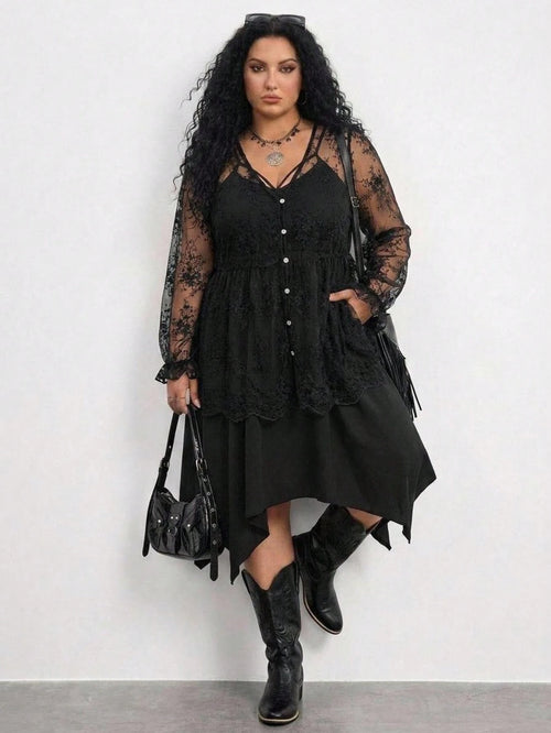 CURVE+ Plus Size Women's Sexy Vacation Sheer Embroidered Mesh Lantern Sleeve Loose Cover Up Mother's Day Lace Shirt Women's Sheer Top Women's Lace Cover Up Women's Shirt Casual Elegant Black Lac