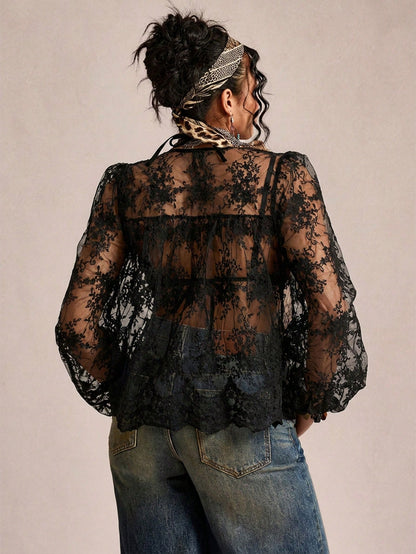 CURVE+ Plus Size Women's Sexy Vacation Sheer Embroidered Mesh Lantern Sleeve Loose Cover Up Mother's Day Lace Shirt Women's Sheer Top Women's Lace Cover Up Women's Shirt Casual Elegant Black Lac