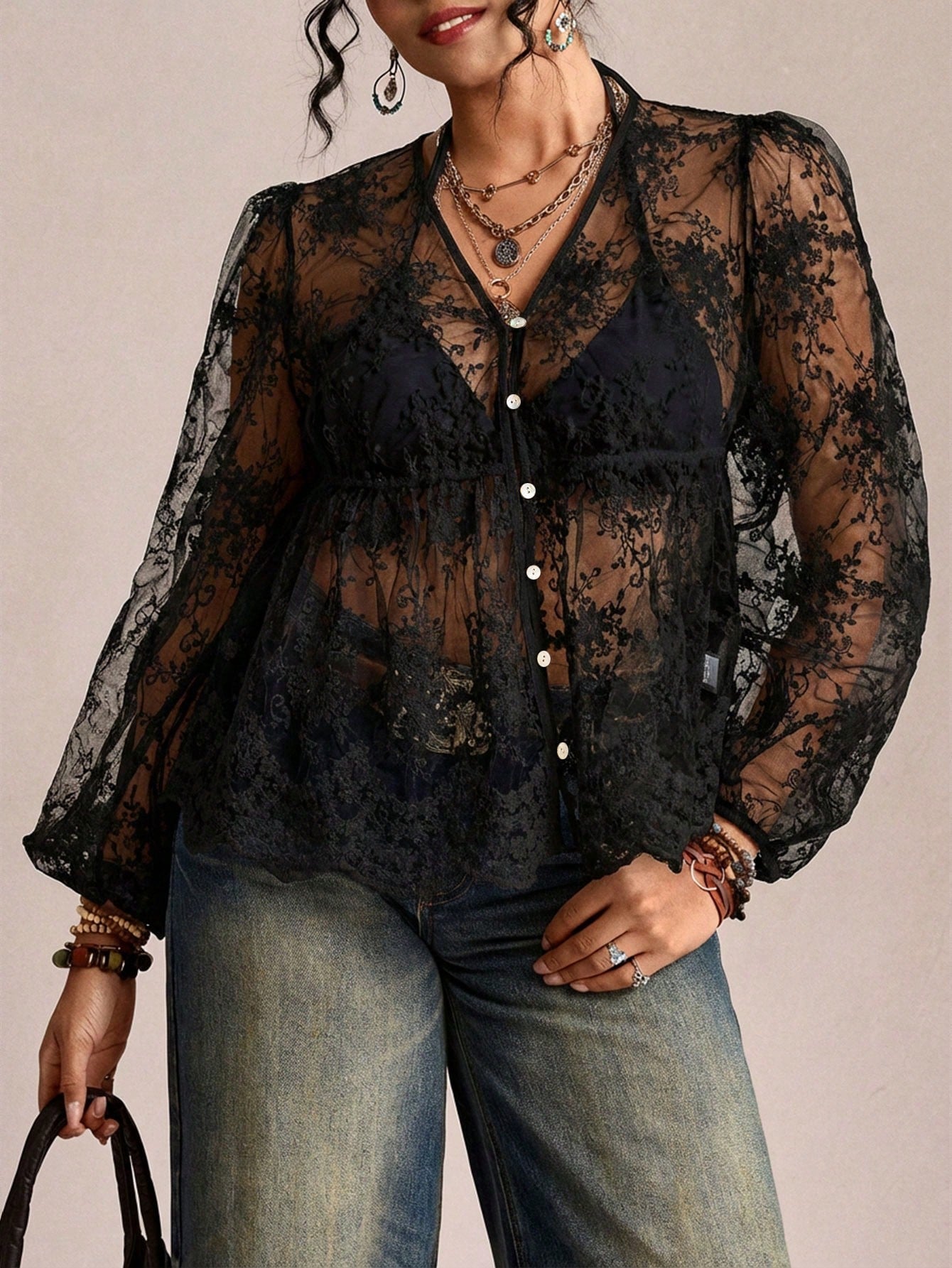 CURVE+ Plus Size Women's Sexy Vacation Sheer Embroidered Mesh Lantern Sleeve Loose Cover Up Mother's Day Lace Shirt Women's Sheer Top Women's Lace Cover Up Women's Shirt Casual Elegant Black Lac