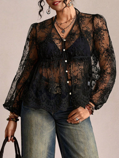 CURVE+ Plus Size Women's Sexy Vacation Sheer Embroidered Mesh Lantern Sleeve Loose Cover Up Mother's Day Lace Shirt Women's Sheer Top Women's Lace Cover Up Women's Shirt Casual Elegant Black Lac