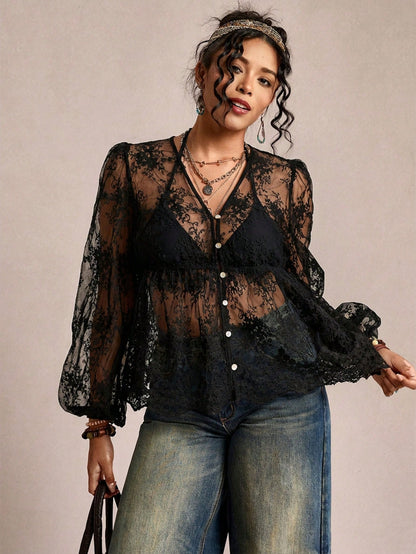CURVE+ Plus Size Women's Sexy Vacation Sheer Embroidered Mesh Lantern Sleeve Loose Cover Up Mother's Day Lace Shirt Women's Sheer Top Women's Lace Cover Up Women's Shirt Casual Elegant Black Lac