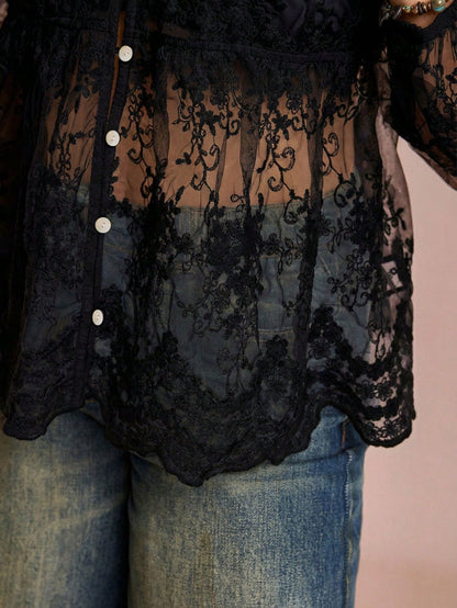CURVE+ Plus Size Women's Sexy Vacation Sheer Embroidered Mesh Lantern Sleeve Loose Cover Up Mother's Day Lace Shirt Women's Sheer Top Women's Lace Cover Up Women's Shirt Casual Elegant Black Lac