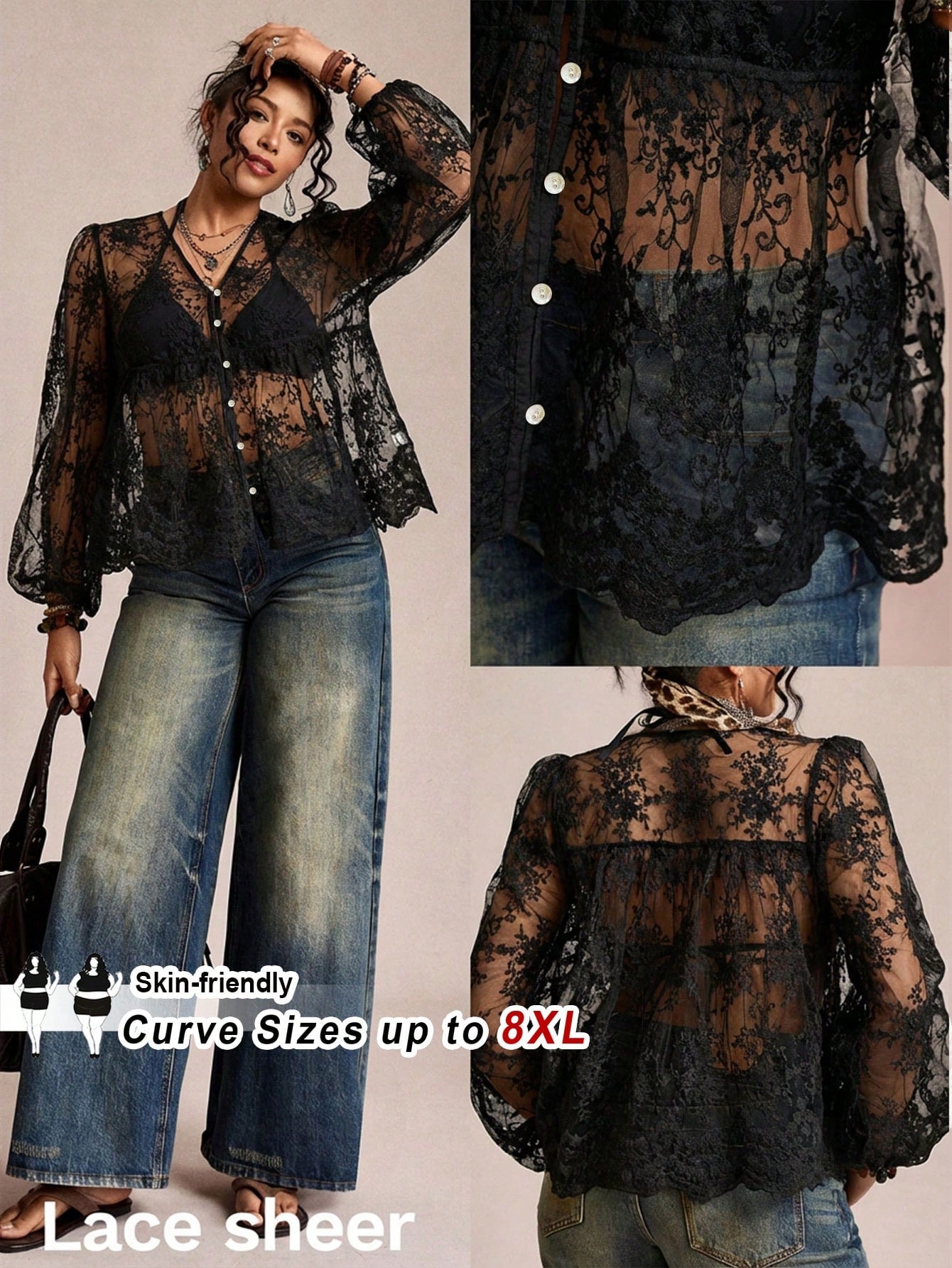 CURVE+ Plus Size Women's Sexy Vacation Sheer Embroidered Mesh Lantern Sleeve Loose Cover Up Mother's Day Lace Shirt Women's Sheer Top Women's Lace Cover Up Women's Shirt Casual Elegant Black Lac