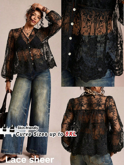 CURVE+ Plus Size Women's Sexy Vacation Sheer Embroidered Mesh Lantern Sleeve Loose Cover Up Mother's Day Lace Shirt Women's Sheer Top Women's Lace Cover Up Women's Shirt Casual Elegant Black Lac