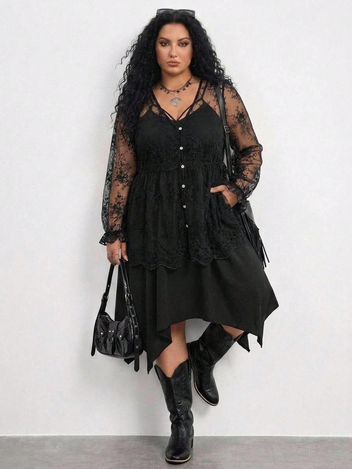 CURVE+ Plus Size Women's Sexy Vacation Sheer Embroidered Mesh Lantern Sleeve Loose Cover Up Mother's Day Lace Shirt Women's Sheer Top Women's Lace Cover Up Women's Shirt Casual Elegant Black Lac