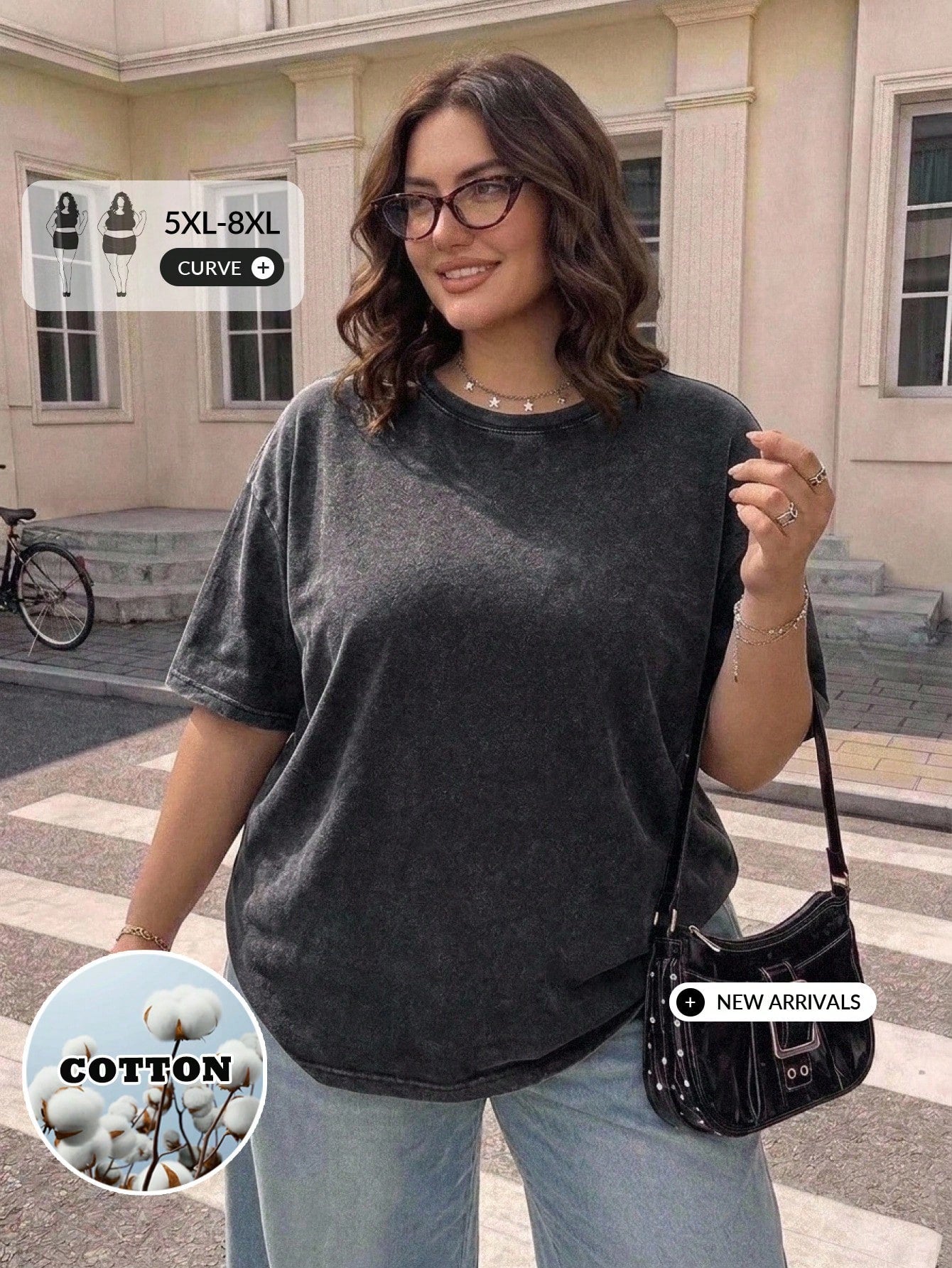 CURVE+ Women's Plus Size Black Washed Distressed Knit Snowflake Pattern Loose Fit T-Shirt Vacation Date Night Active Summer