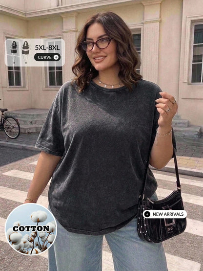 CURVE+ Women's Plus Size Black Washed Distressed Knit Snowflake Pattern Loose Fit T-Shirt Vacation Date Night Active Summer