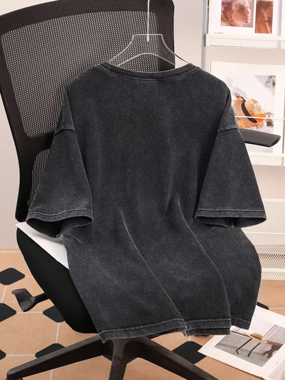 CURVE+ Women's Plus Size Black Washed Distressed Knit Snowflake Pattern Loose Fit T-Shirt Vacation Date Night Active Summer