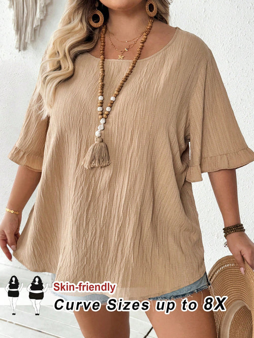 CURVE+ Women's Plus Size Khaki Blouse, Summer Boho Business Casual Ruffle Short Sleeve Tops, Loose Casual Curve Vacation Holiday Beach Wear, Graduation