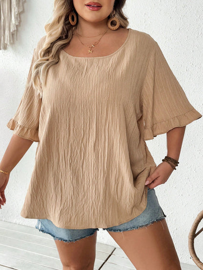 CURVE+ Women's Plus Size Khaki Blouse, Summer Boho Business Casual Ruffle Short Sleeve Tops, Loose Casual Curve Vacation Holiday Beach Wear, Graduation