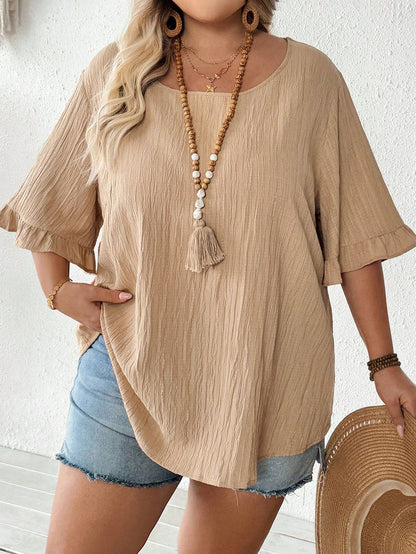 CURVE+ Women's Plus Size Khaki Blouse, Summer Boho Business Casual Ruffle Short Sleeve Tops, Loose Casual Curve Vacation Holiday Beach Wear, Graduation