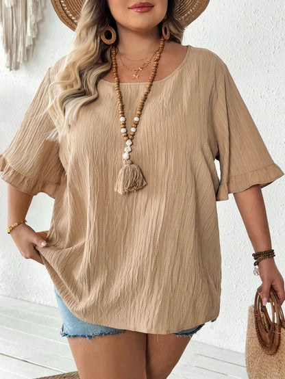 CURVE+ Women's Plus Size Khaki Blouse, Summer Boho Business Casual Ruffle Short Sleeve Tops, Loose Casual Curve Vacation Holiday Beach Wear, Graduation