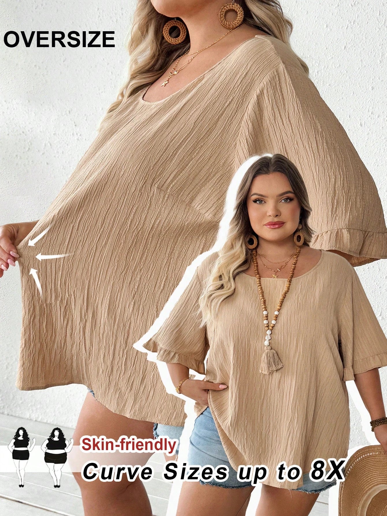 CURVE+ Women's Plus Size Khaki Blouse, Summer Boho Business Casual Ruffle Short Sleeve Tops, Loose Casual Curve Vacation Holiday Beach Wear, Graduation