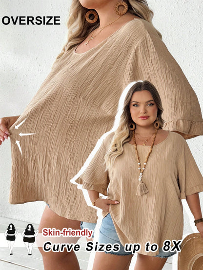 CURVE+ Women's Plus Size Khaki Blouse, Summer Boho Business Casual Ruffle Short Sleeve Tops, Loose Casual Curve Vacation Holiday Beach Wear, Graduation