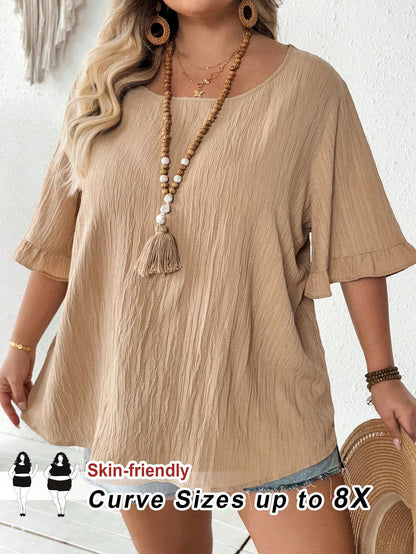 CURVE+ Women's Plus Size Khaki Blouse, Summer Boho Business Casual Ruffle Short Sleeve Tops, Loose Casual Curve Vacation Holiday Beach Wear, Graduation