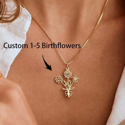 Custom 1-5 Birthday Flowers Necklace, Family Member Necklace For Mom, Birthday Gift For Her, Christmas Gift Mother's Day Gifts,Gold,Stylish,Vintage,Simple, Personalized Gift