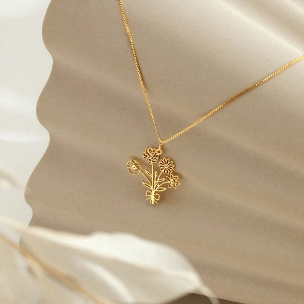 Custom 1-5 Birthday Flowers Necklace, Family Member Necklace For Mom, Birthday Gift For Her, Christmas Gift Mother's Day Gifts,Gold,Stylish,Vintage,Simple, Personalized Gift