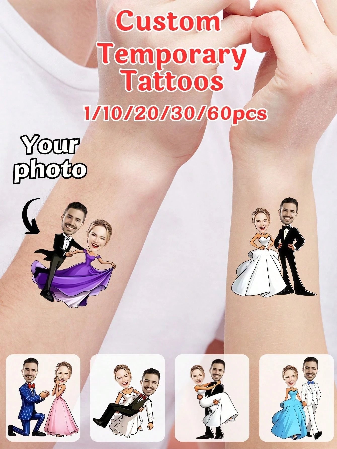 Custom Face Temporary Stickers, Single Party, Birthday, Valentine's Day Gift, Gift For Him, Home Decor, Accessories, Custom Gift, Christmas Beauty Accessories, Fade-Resistant, Wedding