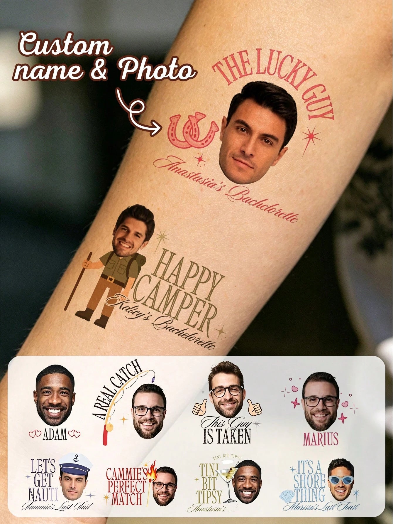 Custom Photo Temporary Tattoo Stickers, Personalized Name Face Tattoo Stickers, Customizable Bachelor Party Tattoo Stickers, Customizable Image Funny Body Decoration Stickers, Suitable For Bridal Show