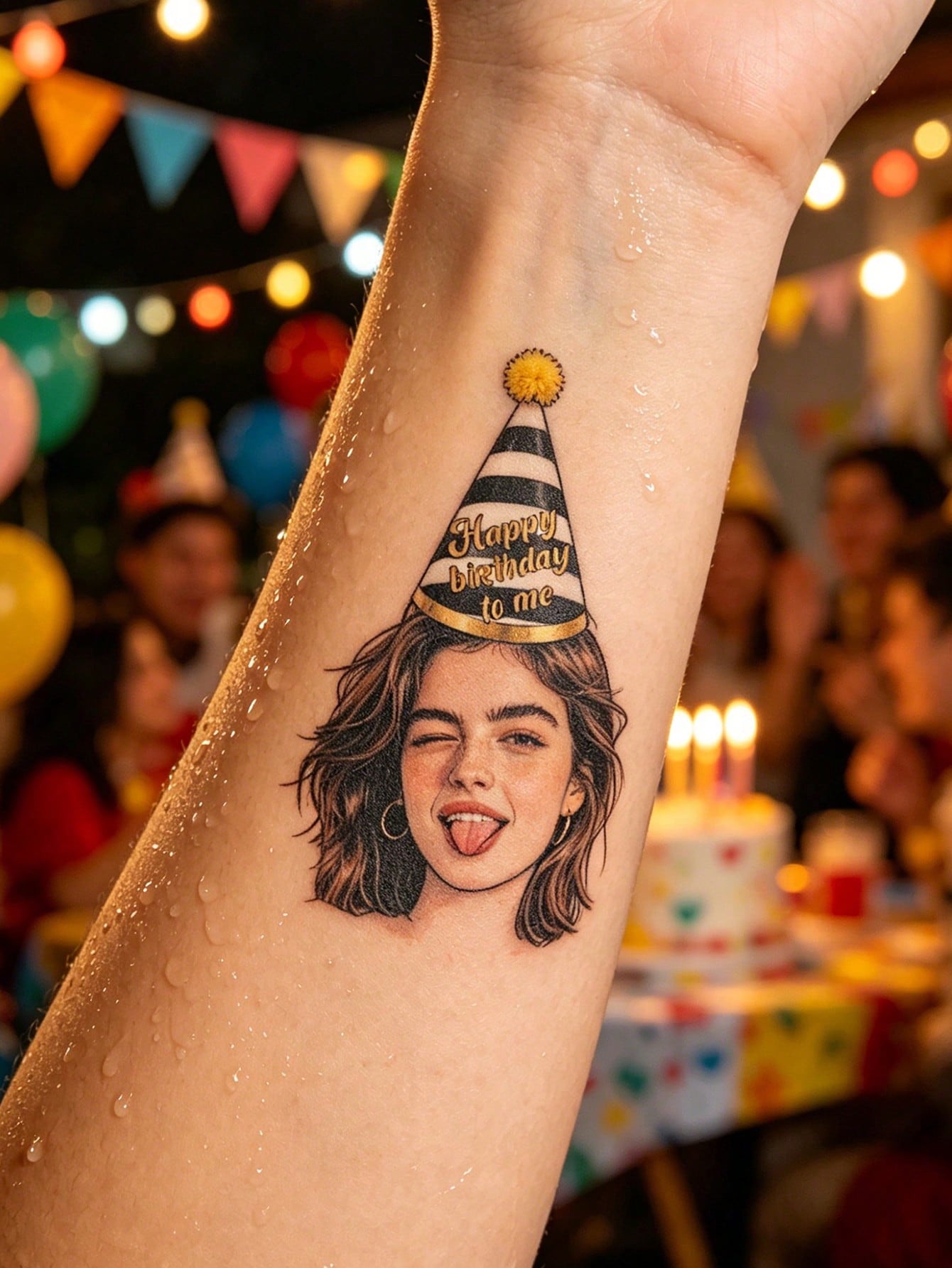 Customizable Temporary Birthday Face Tattoos, Personalized Photo And Text Tattoo Stickers, Cute Party Hat-Shaped Body Decorations, Customizable Celebratory Tattoos, Customizable Pictures, Holiday Part