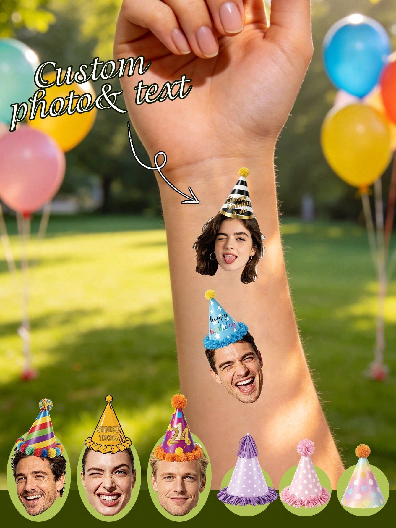 Customizable Temporary Birthday Face Tattoos, Personalized Photo And Text Tattoo Stickers, Cute Party Hat-Shaped Body Decorations, Customizable Celebratory Tattoos, Customizable Pictures, Holiday Part