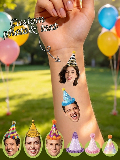 Customizable Temporary Birthday Face Tattoos, Personalized Photo And Text Tattoo Stickers, Cute Party Hat-Shaped Body Decorations, Customizable Celebratory Tattoos, Customizable Pictures, Holiday Part