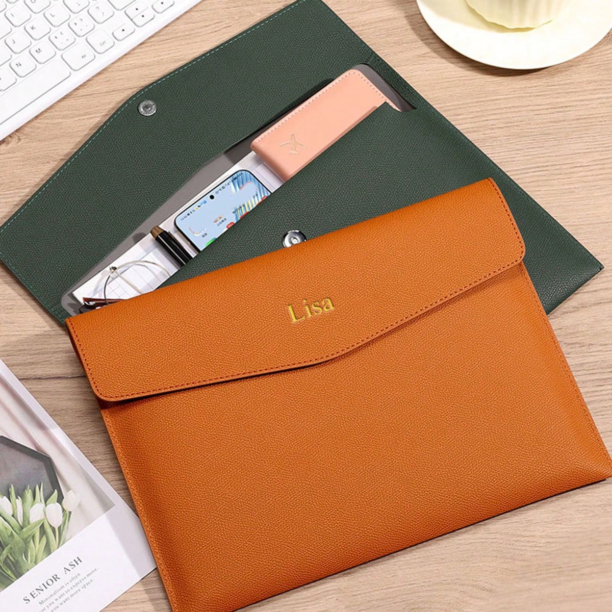 Customized A4 Leather Document Folder, Waterproof Business Office File Bag With Snap Closure, Large Capacity Storage Bag For Students And Teachers, Minimalist