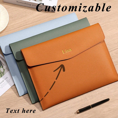 Customized A4 Leather Document Folder, Waterproof Business Office File Bag With Snap Closure, Large Capacity Storage Bag For Students And Teachers, Minimalist
