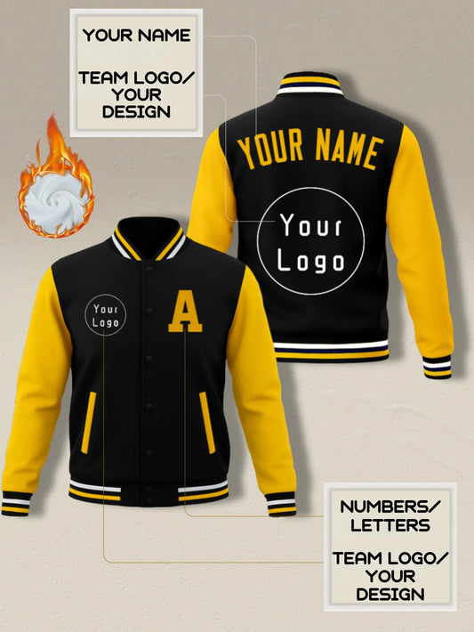 Customized Baseball Jacket With Printed Letter And Number Logo Winter Spring Men's Jacket For Sports Personalized Holiday Gift Black
