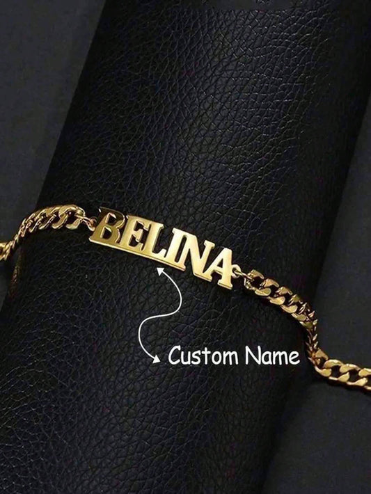 Customized Personalized Name Bracelet- Customized Carved Stainless Steel Elegant Gold Adjustable Chain Bracelet, High Quality Accessory Bracelet