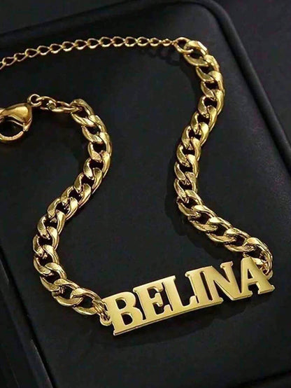 Customized Personalized Name Bracelet- Customized Carved Stainless Steel Elegant Gold Adjustable Chain Bracelet, High Quality Accessory Bracelet