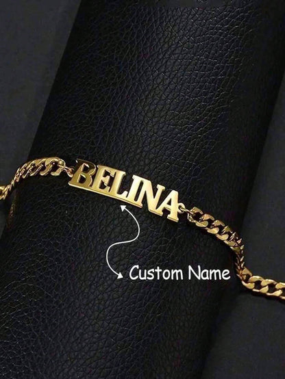 Customized Personalized Name Bracelet- Customized Carved Stainless Steel Elegant Gold Adjustable Chain Bracelet, High Quality Accessory Bracelet