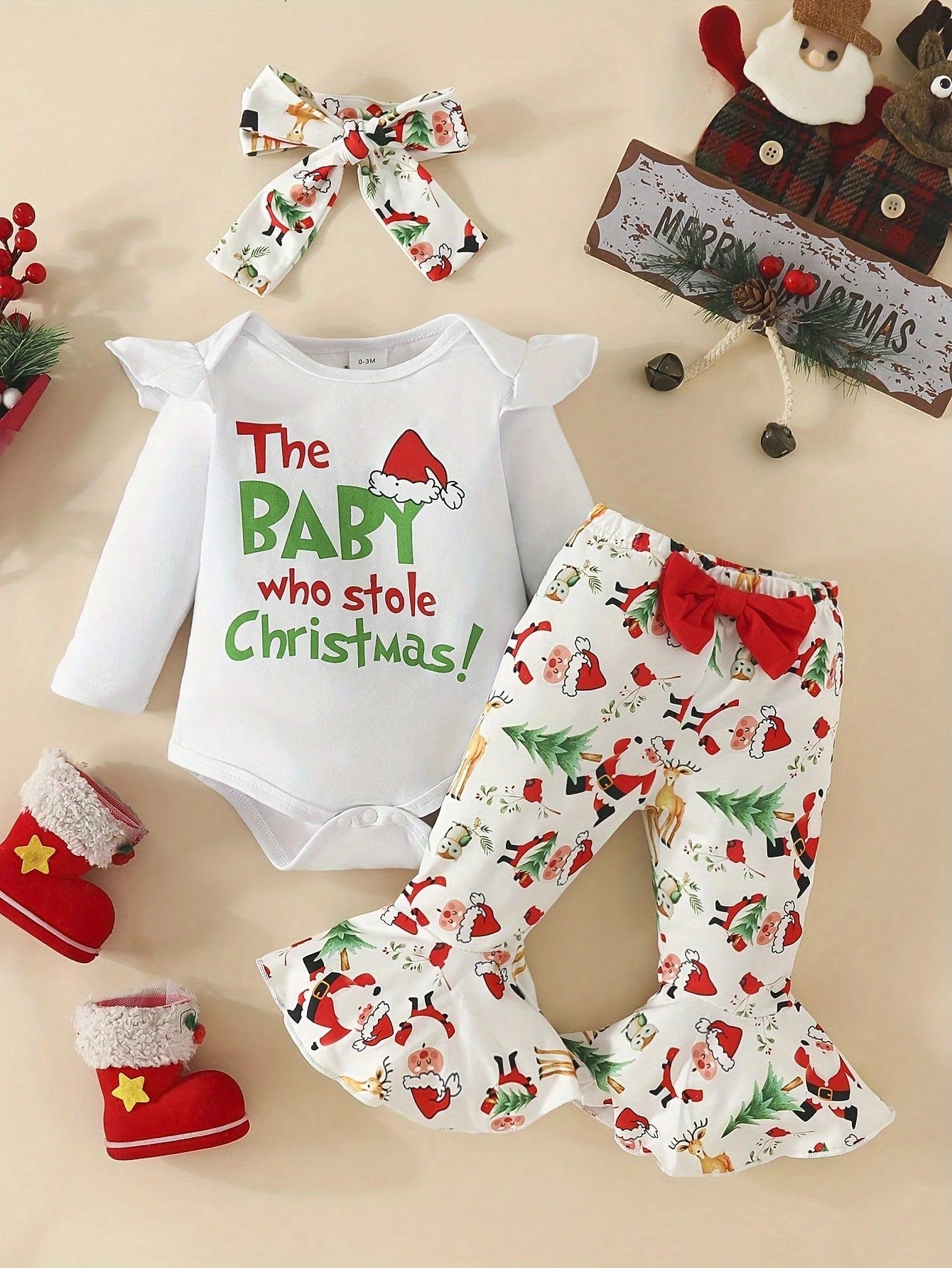 Cute 3-Piece Baby Girl Christmas Outfit Set- 'Stealing Christmas Baby' Long Sleeve Romper, Festive Flared Pants, And Matching Headband- Soft Cotton Blend, Comfortable For Autumn And Winter, Perfect