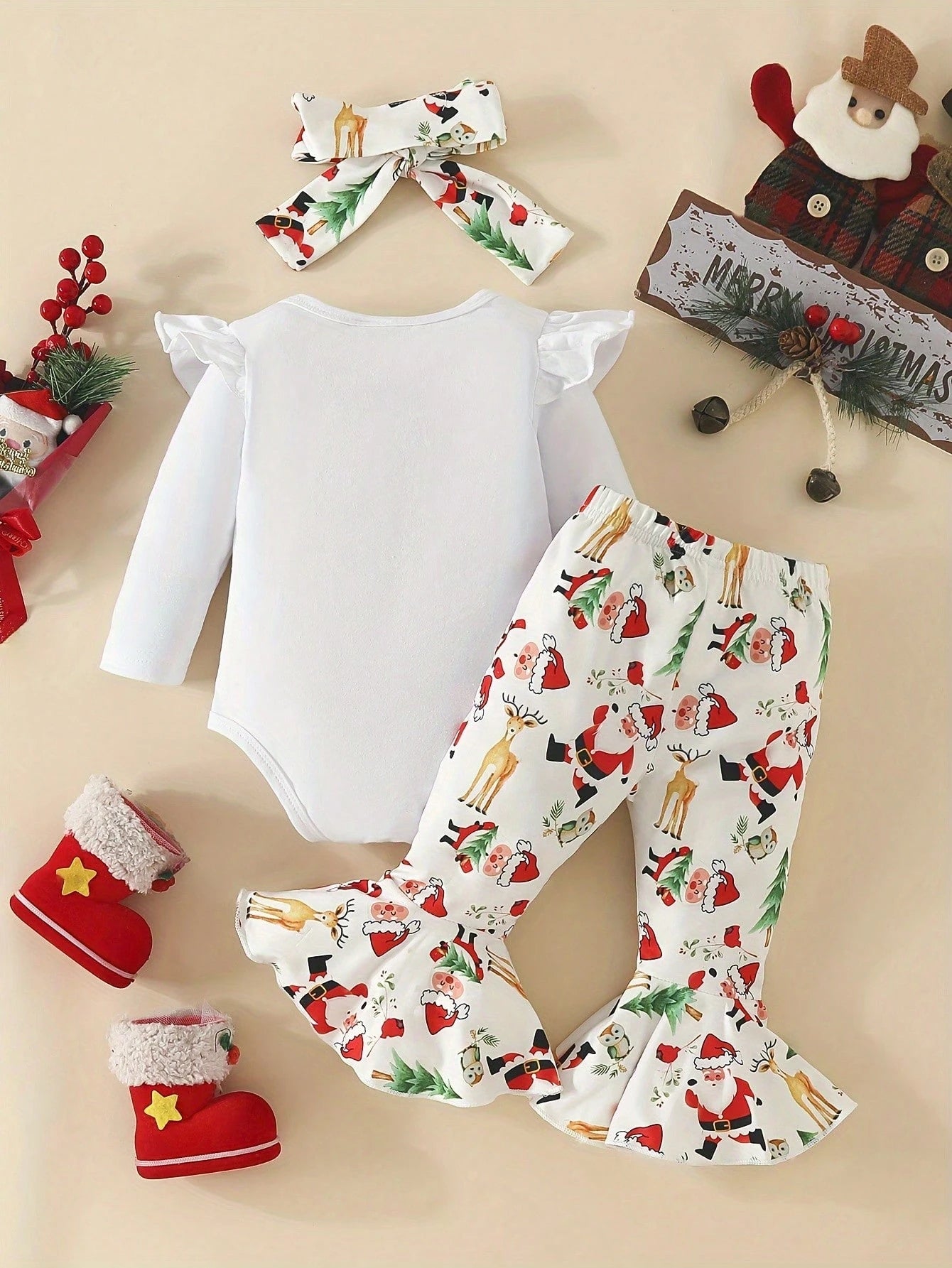 Cute 3-Piece Baby Girl Christmas Outfit Set- 'Stealing Christmas Baby' Long Sleeve Romper, Festive Flared Pants, And Matching Headband- Soft Cotton Blend, Comfortable For Autumn And Winter, Perfect