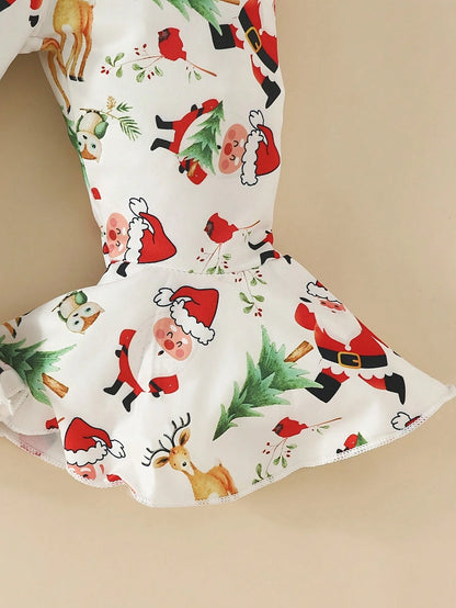 Cute 3-Piece Baby Girl Christmas Outfit Set- 'Stealing Christmas Baby' Long Sleeve Romper, Festive Flared Pants, And Matching Headband- Soft Cotton Blend, Comfortable For Autumn And Winter, Perfect