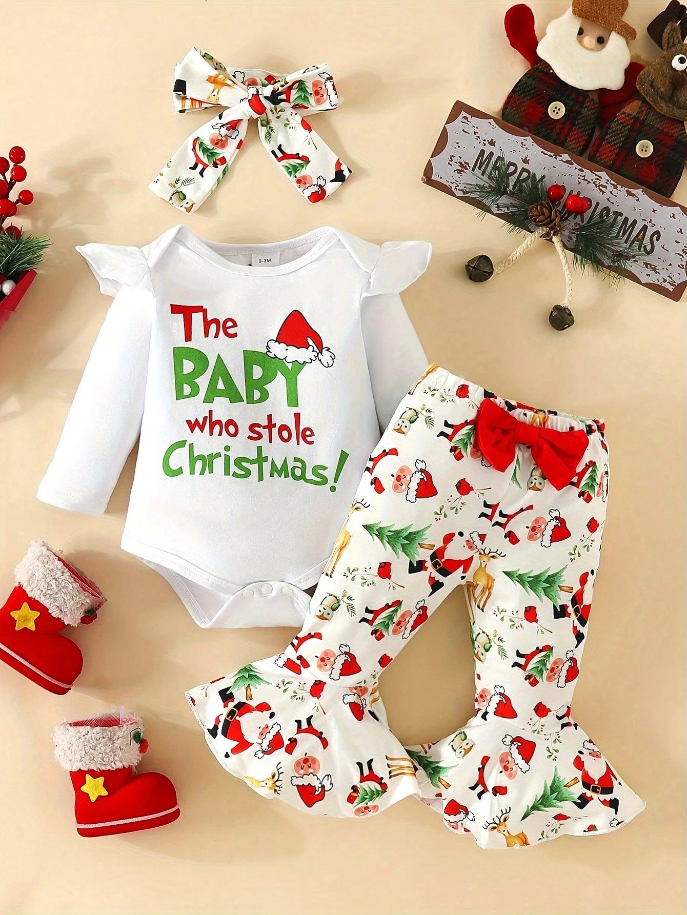 Cute 3-Piece Baby Girl Christmas Outfit Set- 'Stealing Christmas Baby' Long Sleeve Romper, Festive Flared Pants, And Matching Headband- Soft Cotton Blend, Comfortable For Autumn And Winter, Perfect