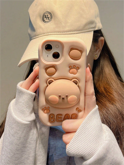 Cute Bear Element Silicone Novelty Cute Silicone Novelty Bear Design 3D Bear Expandable Stand Phone Case Compatible With IPhone13, IPhone14ProMax/IPhone14Pro/IPhone14, IPhone17ProMax, Novelty Silicone