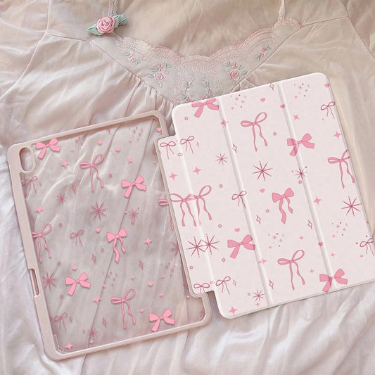 Cute Cartoon Pink Bow, Star, Heart Dual-Sided Acrylic Transparent Crystal Back Cover, Shock-Resistant And Durable, Suitable For 7th, 8th (10.2 Inch), And 10th Generation. Built-In Pencil Slot, Sleep