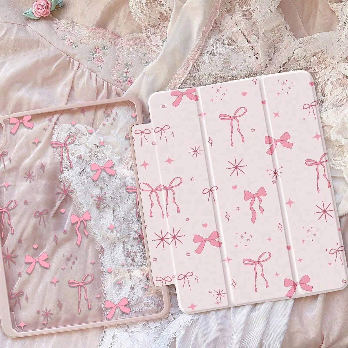 Cute Cartoon Pink Bow, Star, Heart Dual-Sided Acrylic Transparent Crystal Back Cover, Shock-Resistant And Durable, Suitable For 7th, 8th (10.2 Inch), And 10th Generation. Built-In Pencil Slot, Sleep