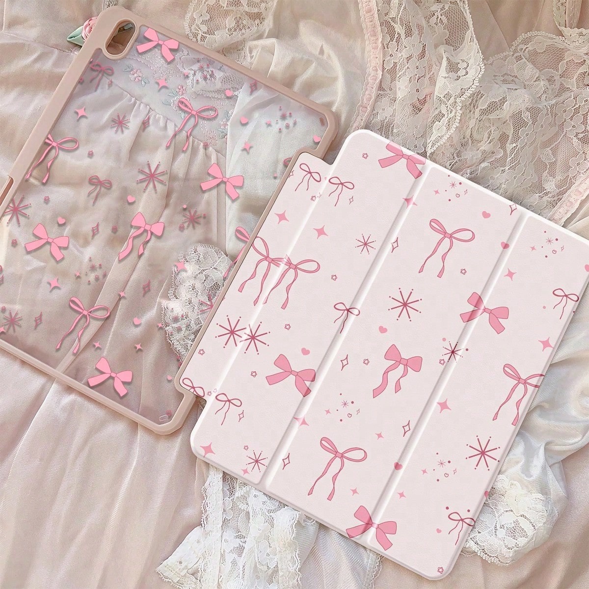 Cute Cartoon Pink Bow, Star, Heart Dual-Sided Acrylic Transparent Crystal Back Cover, Shock-Resistant And Durable, Suitable For 7th, 8th (10.2 Inch), And 10th Generation. Built-In Pencil Slot, Sleep