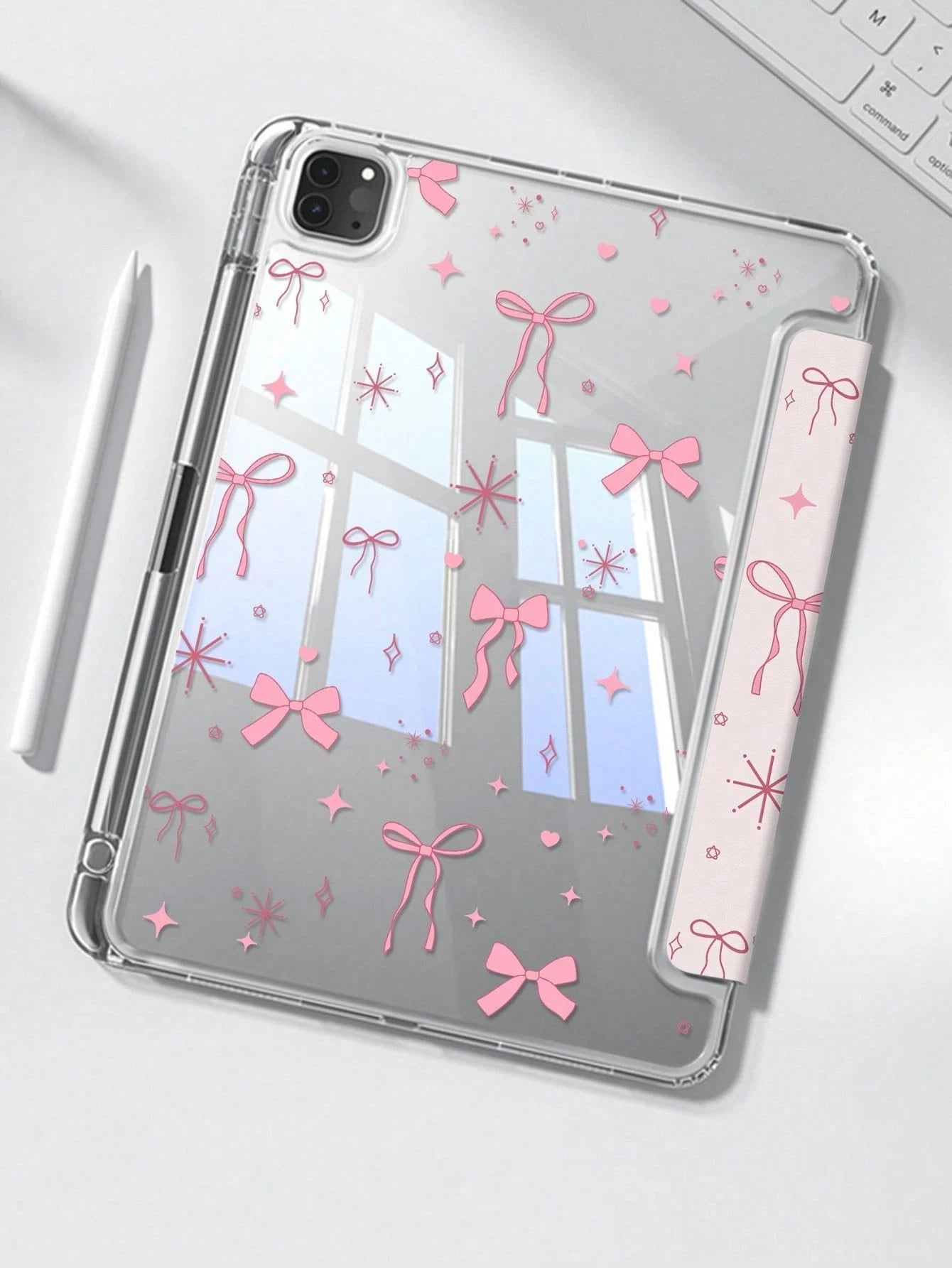 Cute Cartoon Pink Bow, Star, Heart Dual-Sided Acrylic Transparent Crystal Back Cover, Shock-Resistant And Durable, Suitable For 7th, 8th (10.2 Inch), And 10th Generation. Built-In Pencil Slot, Sleep