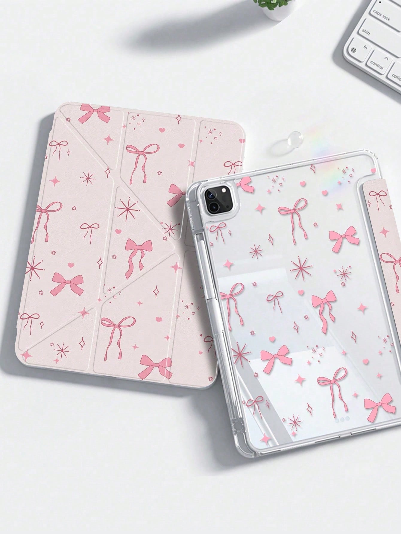 Cute Cartoon Pink Bow, Star, Heart Dual-Sided Acrylic Transparent Crystal Back Cover, Shock-Resistant And Durable, Suitable For 7th, 8th (10.2 Inch), And 10th Generation. Built-In Pencil Slot, Sleep