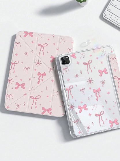 Cute Cartoon Pink Bow, Star, Heart Dual-Sided Acrylic Transparent Crystal Back Cover, Shock-Resistant And Durable, Suitable For 7th, 8th (10.2 Inch), And 10th Generation. Built-In Pencil Slot, Sleep