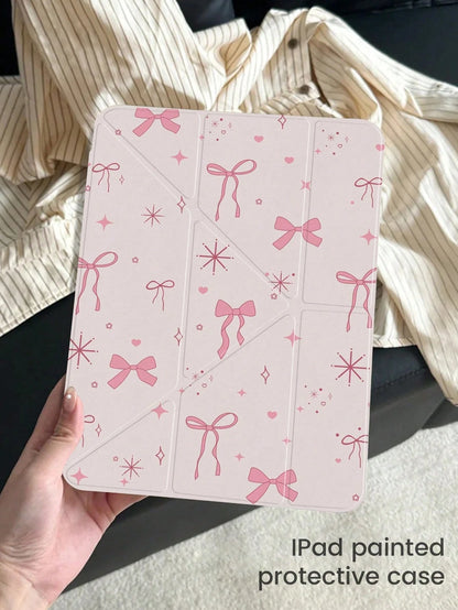 Cute Cartoon Pink Bow, Star, Heart Dual-Sided Acrylic Transparent Crystal Back Cover, Shock-Resistant And Durable, Suitable For 7th, 8th (10.2 Inch), And 10th Generation. Built-In Pencil Slot, Sleep