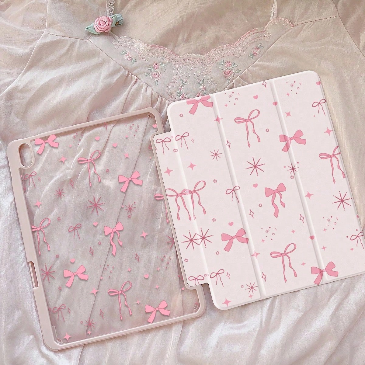Cute Cartoon Pink Bow, Star, Heart Dual-Sided Acrylic Transparent Crystal Back Cover, Shock-Resistant And Durable, Suitable For 7th, 8th (10.2 Inch), And 10th Generation. Built-In Pencil Slot, Sleep