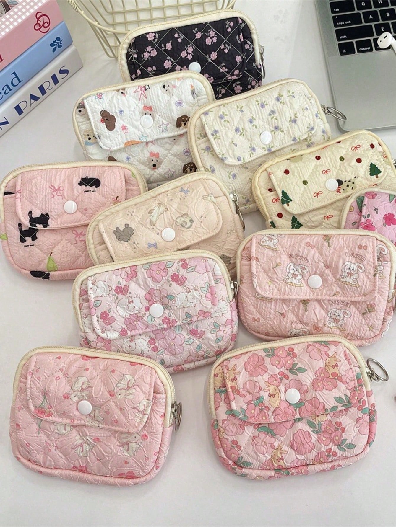 Cute Floral Print Coin Purse Lipstick Bag Cartoon Short Wallet Card Holder Storage Bag Money Bag Kawaii Plush Coin Purse Cute Mini Coin Bag Pouch