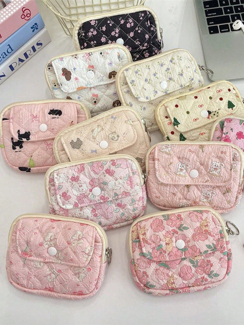 Cute Floral Print Coin Purse Lipstick Bag Cartoon Short Wallet Card Holder Storage Bag Money Bag Kawaii Plush Coin Purse Cute Mini Coin Bag Pouch