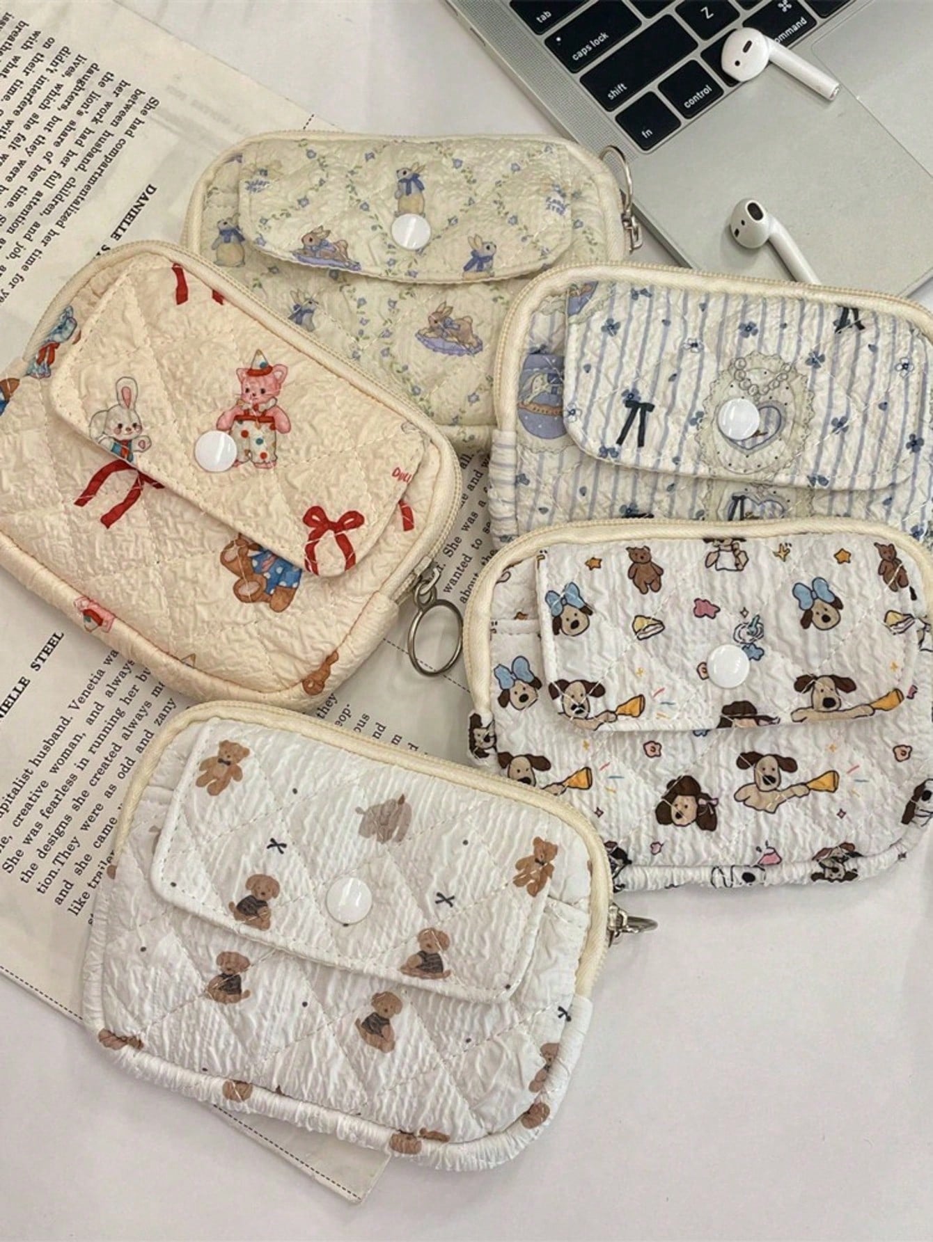 Cute Floral Print Coin Purse Lipstick Bag Cartoon Short Wallet Card Holder Storage Bag Money Bag Kawaii Plush Coin Purse Cute Mini Coin Bag Pouch