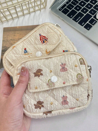 Cute Floral Print Coin Purse Lipstick Bag Cartoon Short Wallet Card Holder Storage Bag Money Bag Kawaii Plush Coin Purse Cute Mini Coin Bag Pouch